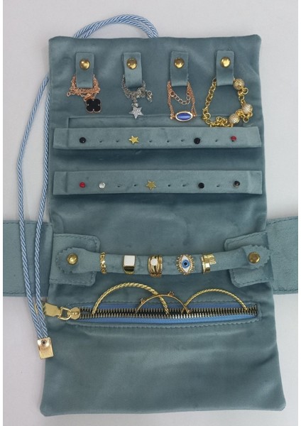 Katlanabilir Rulo Takı Çantası, Seyahat ve Günlük Kullanım İçin Mavi