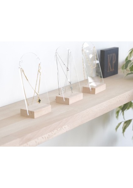 Şık Oval Pleksi Takı Askısı 3'lü Set, Ahşap ve Akrilik Stant, Takı Organizer