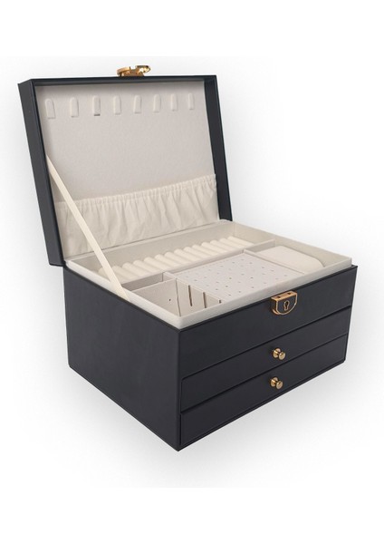 Modern 2 Çekmeceli Takı Mücevher Kutusu Organizer Düzenleyici Siyah 13 X 23 X 10 Cm fırsatları