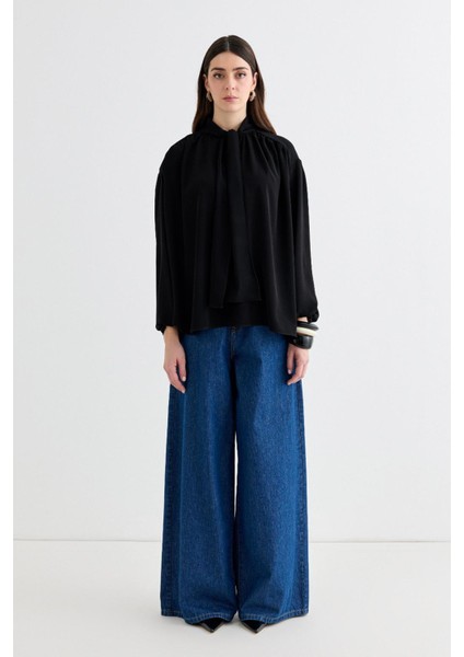 Melsa Büzgülü Fularlı Gömlek Siyah