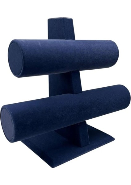Iki Kademeli Süet Kaplama Saat ve Bileklik Sergileme Standı, Lacivert, 26/18 cm