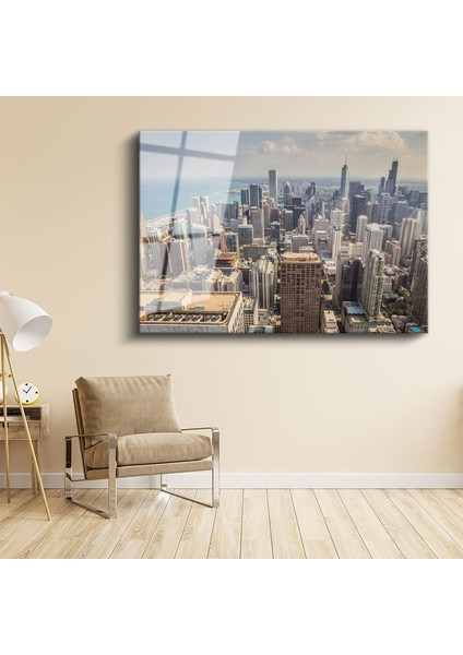 Chicago Panoraması - Göl Kıyısı Şehir Manzarası Cam Tablo