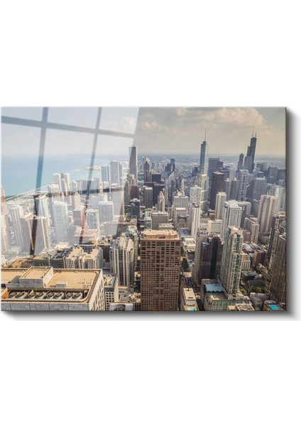 Chicago Panoraması - Göl Kıyısı Şehir Manzarası Cam Tablo