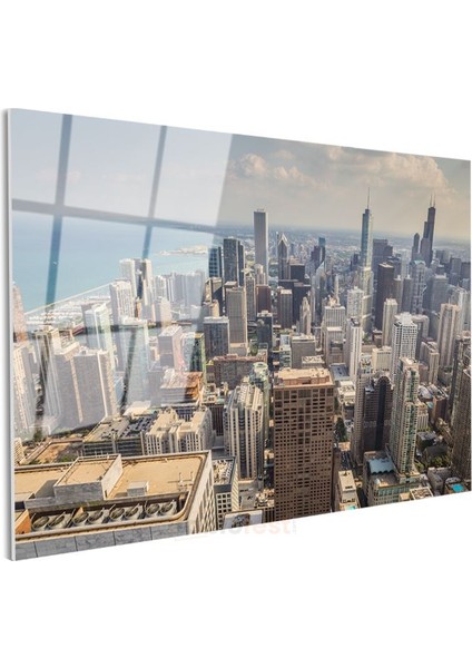 Chicago Panoraması - Göl Kıyısı Şehir Manzarası Cam Tablo