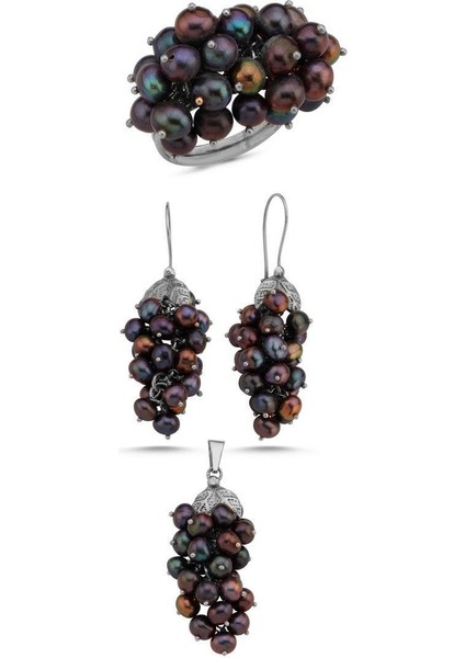 925 Ayar Gümüş Kadın Üzüm Salkımı Doğal İnci Küpe Kolye Yüzük Üçlü Set