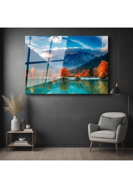 Dağ Gölü - Sonbahar Renklerinde Huzur Dolu Manzara Cam Tablo