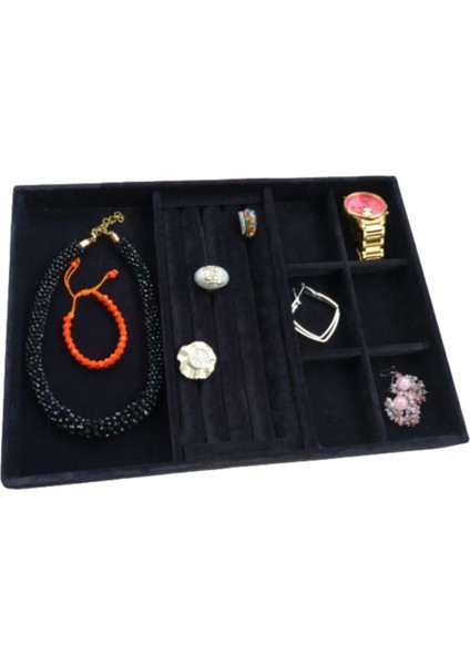 Şık Yerli Süet Siyah Takı Kutusu, Yüzük, Küpe, Bileklik ve Kolye Saklama Alanı