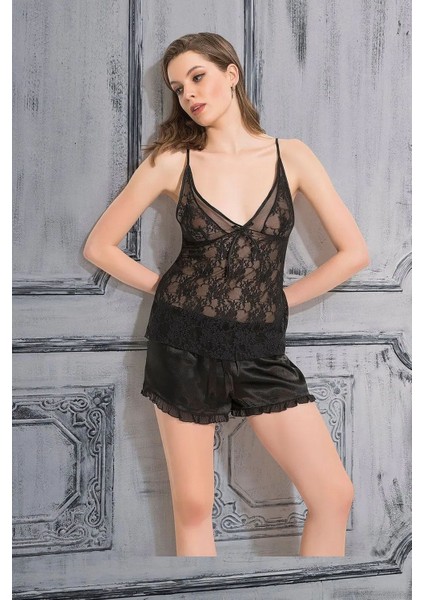 260 Kadın Saten Ip Askılı Şortlu Pijama Takım-Siyah fiyatları