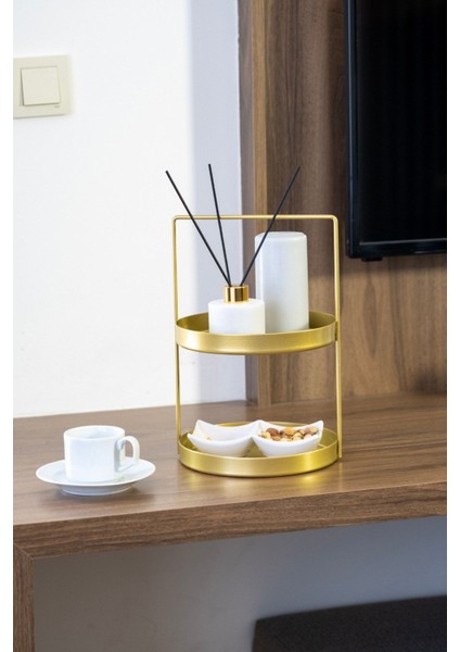Iki Katlı Gold Metal Organizer, Çok Amaçlı ve Fonksiyonel 21X21X32 cm