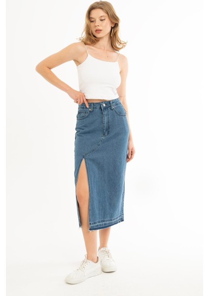 Kadın Yüksek Bel Yırtmaçlı Midi Boy Denim Etek Mavi