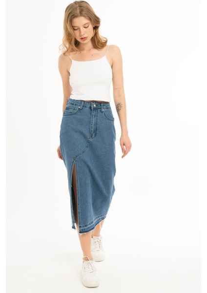 Kadın Yüksek Bel Yırtmaçlı Midi Boy Denim Etek Mavi fiyatları