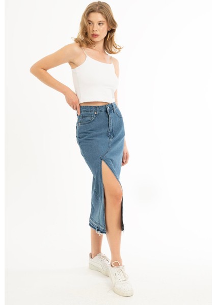 Kadın Yüksek Bel Yırtmaçlı Midi Boy Denim Etek Mavi modelleri