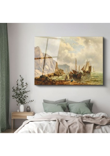 Andreas Achenbach - Kayalık Sahilde Tekneler Cam Tablo