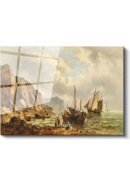 Andreas Achenbach - Kayalık Sahilde Tekneler Cam Tablo fiyatları
