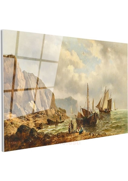 Andreas Achenbach - Kayalık Sahilde Tekneler Cam Tablo modelleri
