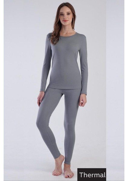 Kadın Thermal Içlik Gri Takım Çift Taş Işleme Şardonlu Yumuşak Doku C4T0N0O903