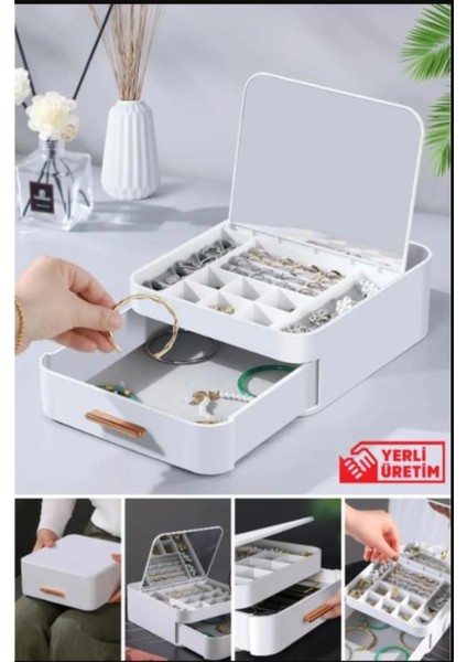 Aynalı Çekmeceli Takı Organizer, Yüzük, Küpe, Kolye ve Bilezik Saklama Kutusu