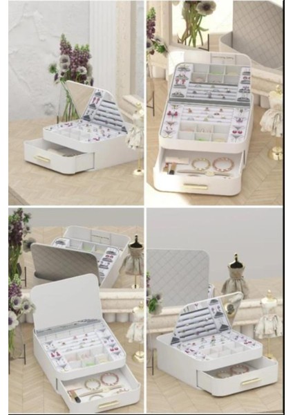 Aynalı Çekmeceli Takı Organizer, Yüzük, Küpe, Kolye ve Bilezik Saklama Kutusu fiyatları