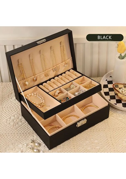 Iki Katlı Siyah Suni Deri Takı Düzenleyici, Şık ve Kullanışlı Organizatör