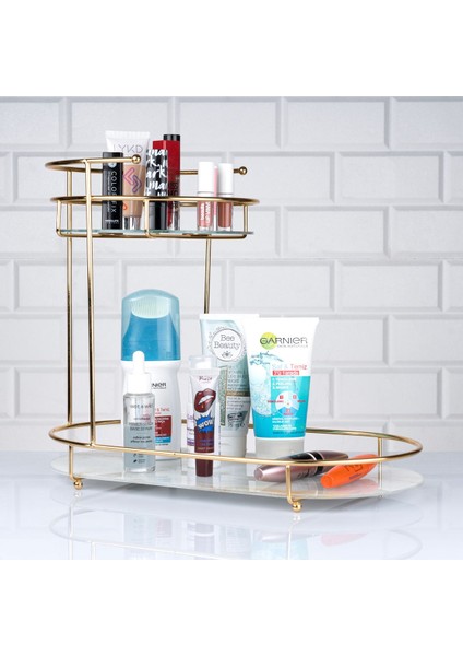 Mermer Desenli Cam 2 Katlı Çok Bölmeli Organizer, Şık ve Kullanışlı Gold Detail fiyatları
