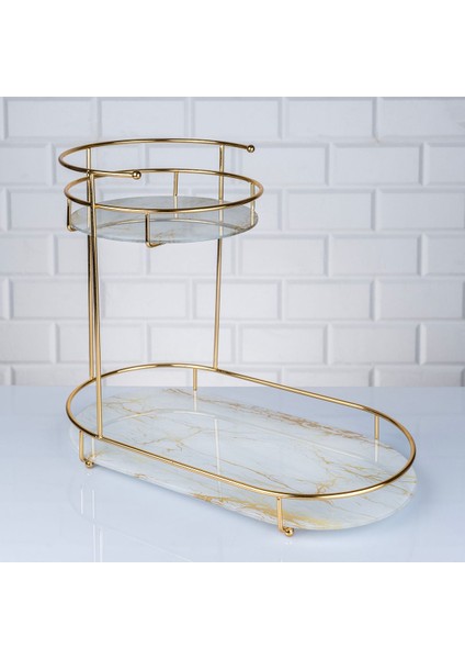 Mermer Desenli Cam 2 Katlı Çok Bölmeli Organizer, Şık ve Kullanışlı Gold Detail modelleri