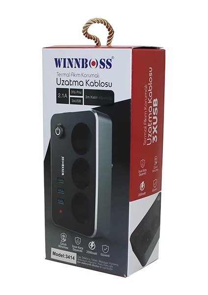 Termal Akım Korumalı 2.1A 3lü Priz 3xusb 2mt Anahtarlı Uzatma Kablo Siyah