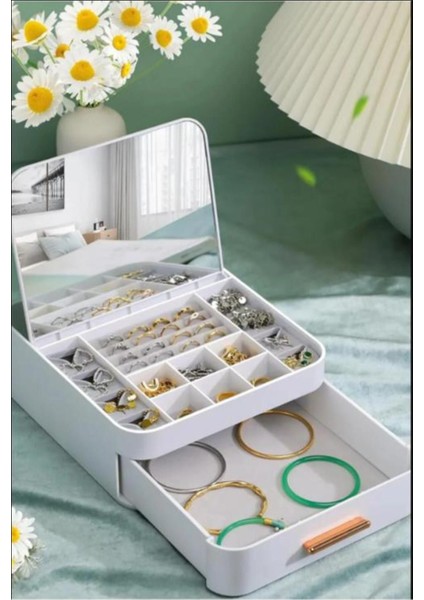 Aynalı Çekmeceli Takı Organizer, Yüzük, Küpe, Kolye ve Bilezik Saklama Kutusu fırsatları