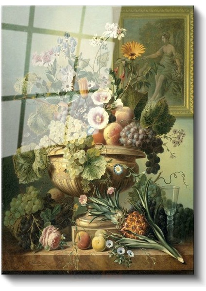 Jan Davidsz De Heem - Meyveler ve Çiçekler Natürmortu Cam Tablo