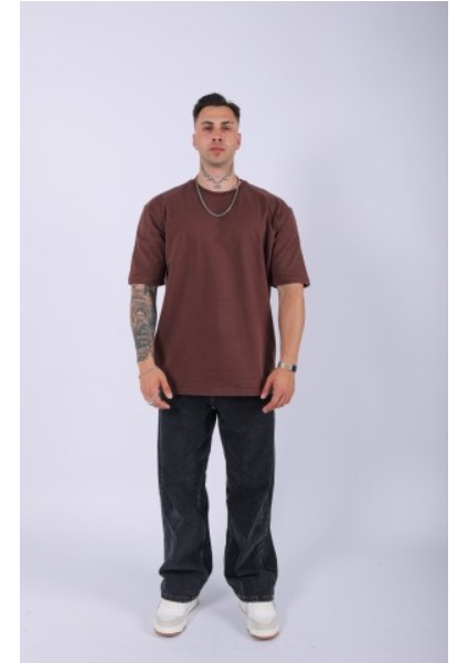 Unisex %100 Pamuk Oversize Düz T-Shirt Kahve