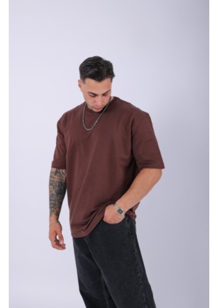 Unisex %100 Pamuk Oversize Düz T-Shirt Kahve fiyatları