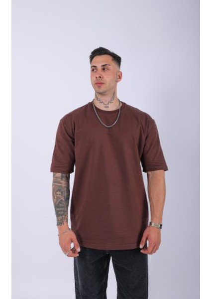 Unisex %100 Pamuk Oversize Düz T-Shirt Kahve modelleri