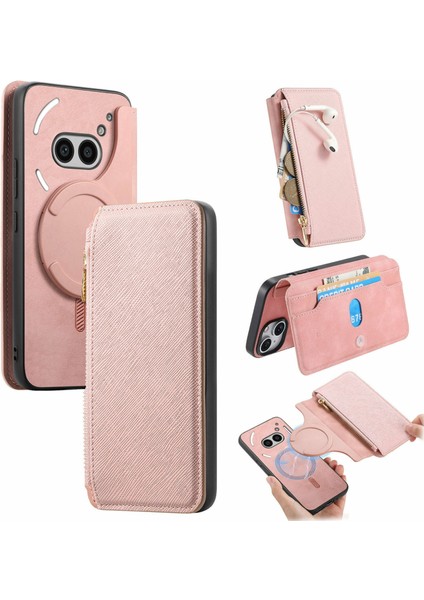 Caseneo For Nothing PHONE(2A)KILIF Çapraz Doku Deri Çıkarılabilir Manyetik Telefon Kılıfı-Pembe (Yurt Dışından)