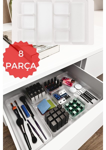 Şeffaf 8 Parça Çekmece Içi Makyaj ve Takı Organizer Seti