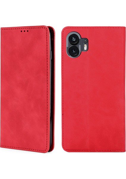 Hiçbir Şey Için Telefon(2)Kılıf Skin-Touch Flip Stand Kart Yuvaları Pu Deri Akıllı Telefon Kılıfı-Kırmızı (Yurt Dışından)
