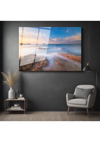 Sakin Deniz - Gün Batımında Kayalıklar Arasında Cam Tablo
