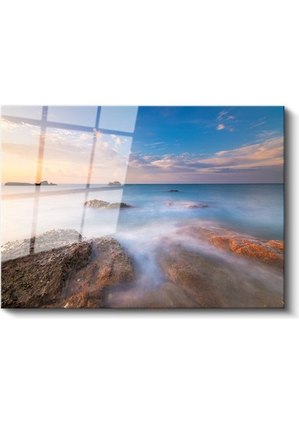Sakin Deniz - Gün Batımında Kayalıklar Arasında Cam Tablo fiyatları