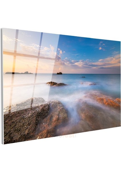 Sakin Deniz - Gün Batımında Kayalıklar Arasında Cam Tablo modelleri