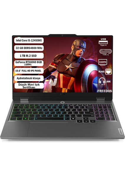 Loq 15IAX9 GTI132 Intel Core I5 12450HX 32GB 1tb SSD RTX4060 Freedos 15.6'' Fhd Taşınabilir Bilgisayar 83GS007XTR