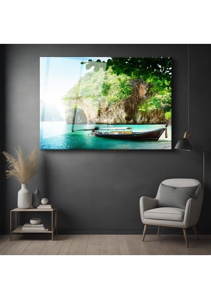 Tropik Koy - Zümrüt Yeşili Sular ve Kayalıklar Cam Tablo