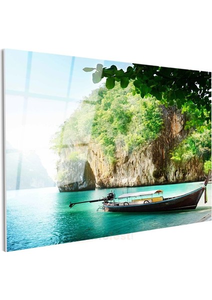 Tropik Koy - Zümrüt Yeşili Sular ve Kayalıklar Cam Tablo modelleri