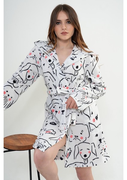 Kadın Kapüşonlu Kısa Beyaz Polar Sabahlık C1T3N0O302