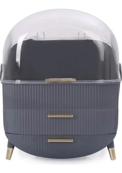 Gri Renkli Çok Bölmeli Makyaj ve Kozmetik Organizeri, Taşıma Kulplu, Çekmeceli modelleri