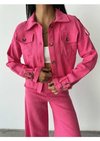 Keten Püskül Detaylı Gömlek-Pantolon Takım - Fuşya fırsatları