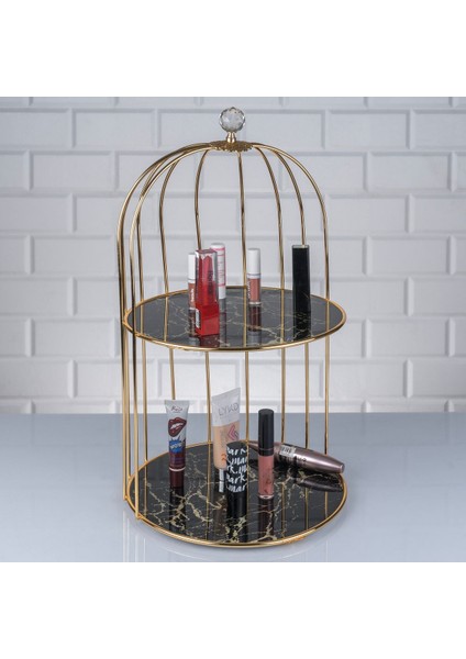 Iki Katlı Kafes Desenli Elmas Detaylı Büyük Raf ve Düzenleyici Parfümlük