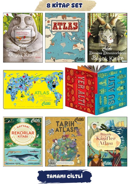 Devasa Hayvanların Büyük Kitabı + Atlas Domingo + Devasa Dinozorların Büyük Kitabı + Atlas Nasıl Dönüyor Dünya + Yer Altı Su Altı + Hayvani Rekorlar Kitabı + Tarih Atlası + Büyük Kaşifler Atlası / 8li