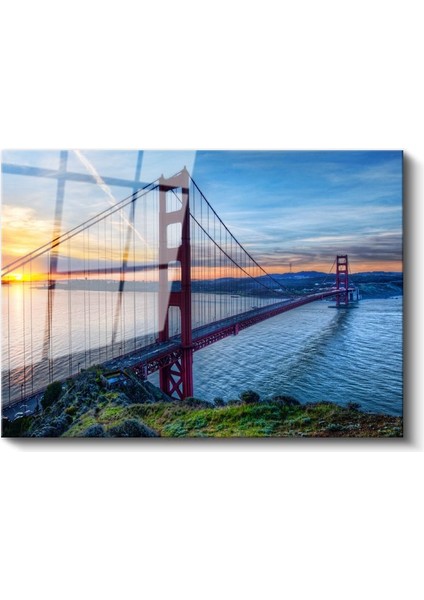 Golden Gate Köprüsü - Gün Batımında Kızıl Silüet Cam Tablo fiyatları