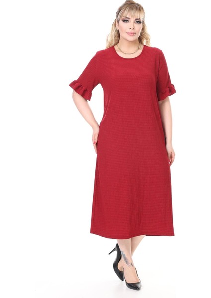 Yazlık Kısa Kol Esnek Büyük Beden Bordo Elbise 22E-2658