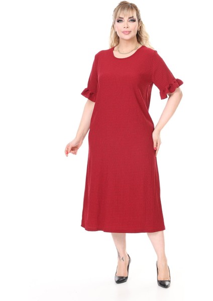 Yazlık Kısa Kol Esnek Büyük Beden Bordo Elbise 22E-2658 fiyatları
