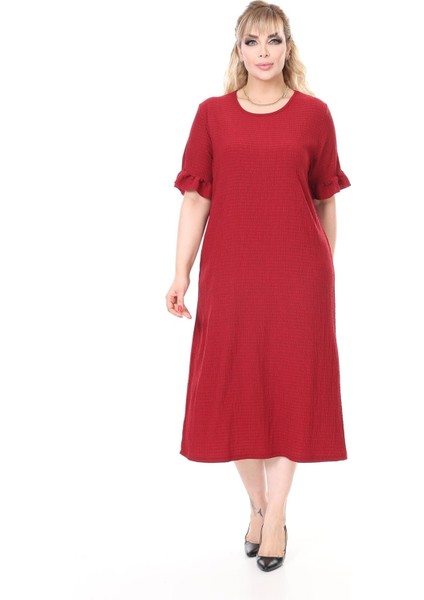 Yazlık Kısa Kol Esnek Büyük Beden Bordo Elbise 22E-2658 modelleri