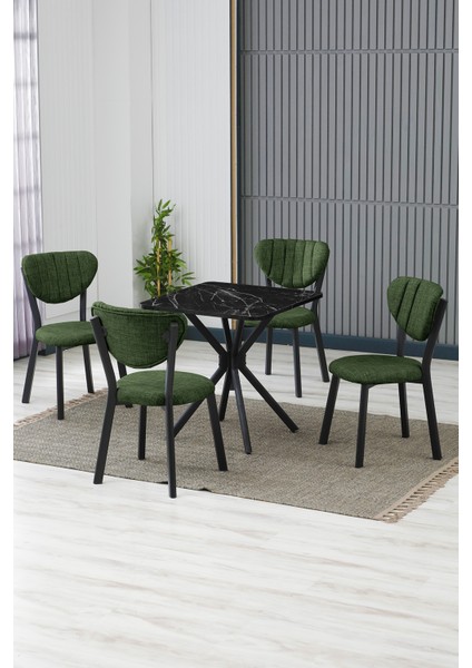 Elma Modeli Kare Mutfak Masa Sandalye Takımı 4 Sandalye 1 Siyah Mermer Desen Masa 70X70 Keten Kumaş